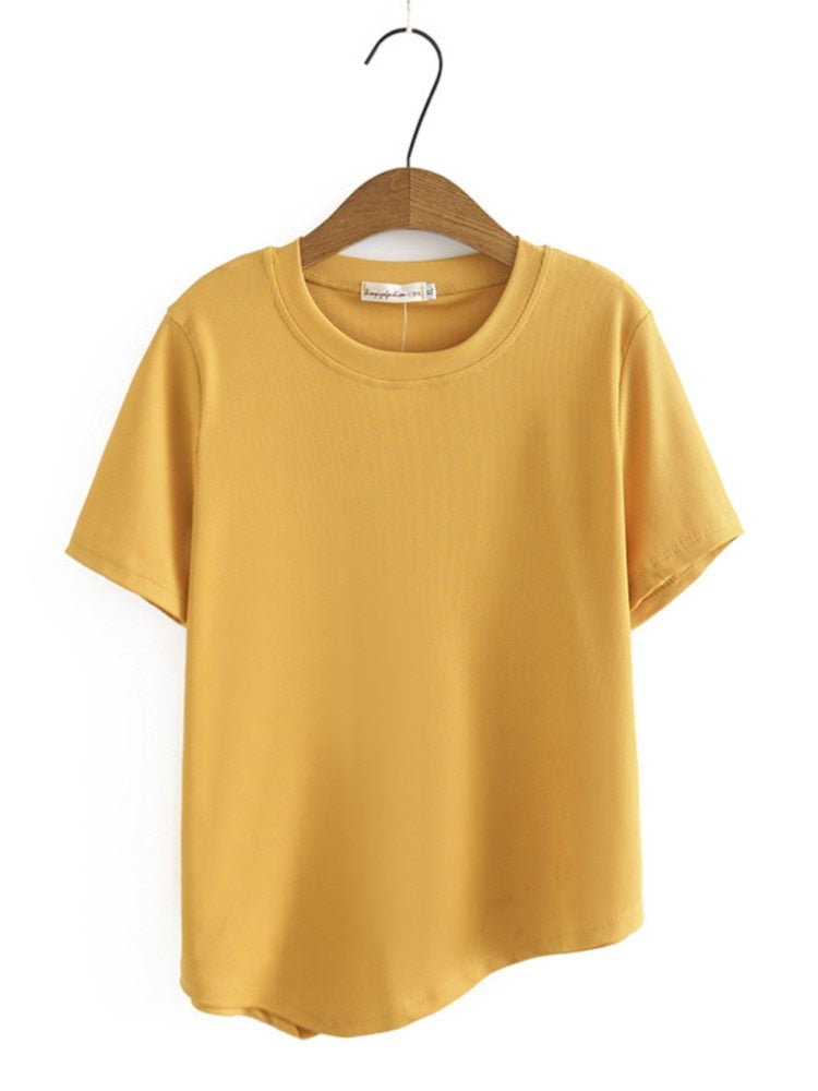 T Shirt Women Clothing Femme Tops Summer Casual O-Neck Short Sleeve Asymmetrical Length Solid Tees