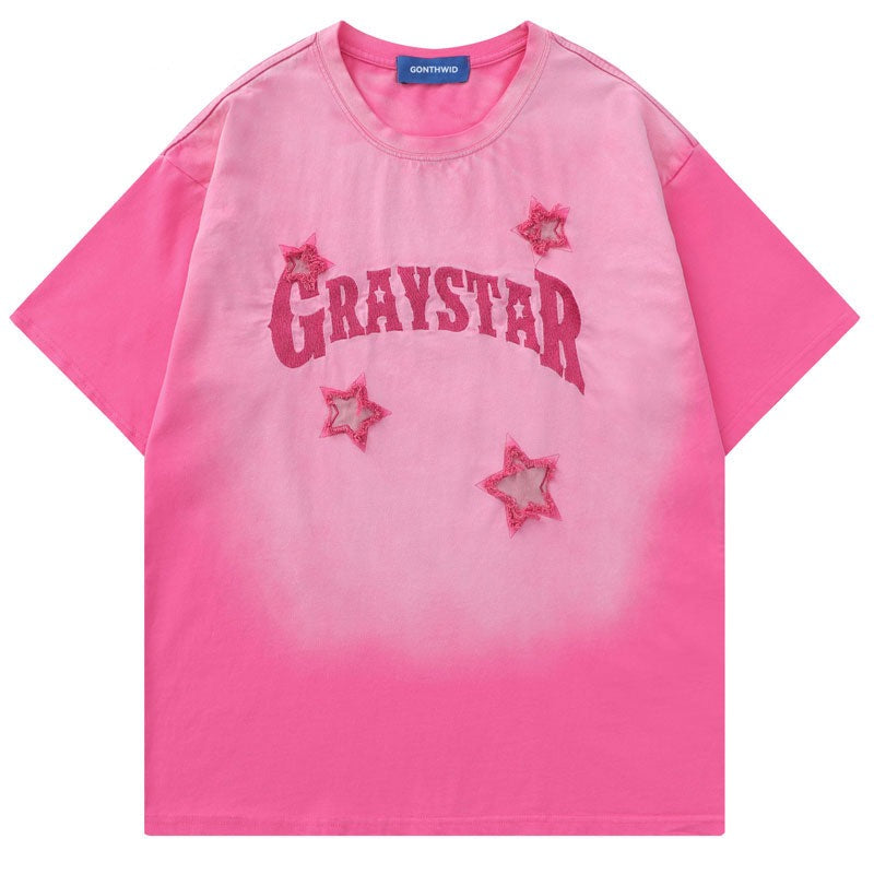 Vintage T-Shirt Streetwear Embroidery Letter Star Gradient Washed Tshirt Summer Casual Loose Tee Top Couple