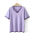 T-Shirt For Women Clothes Casual Ice Silk Knitted Tops Peach Collar Contrast Tee Summer