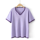 T-Shirt For Women Clothes Casual Ice Silk Knitted Tops Peach Collar Contrast Tee Summer
