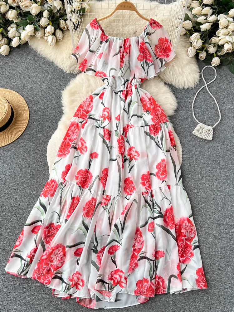 Vintage Beach Dress Women Elegant Off The Shoulder Floral Party Dresses Ladies A-line Casual Chiffon Long Robe