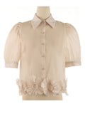 Women Apricot Flower Thin Elegant Blouse Lapel Short Puff Sleeve Loose Fit Shirt Spring