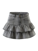 Denim Mini Skirt Women's Autumn Vintage Cute Sexy Girl Kawaii Slim High Waist Layered Ruffle Short Skirt Female