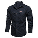Casual Cotton Men Shirts Solid Stand Collar Pocket Button Up Shirts for Men Long Sleeve Shirts Men