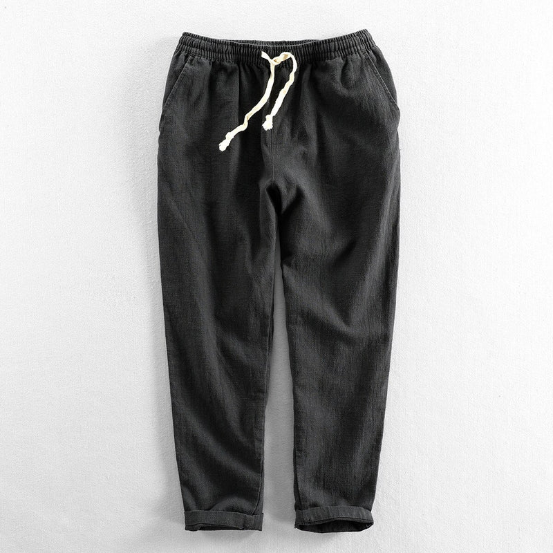 Summer Fall Elastic Waist Solid Men Versatile Cotton Linen Pants Simple Loose Basic Casual Ankle Length Trousers