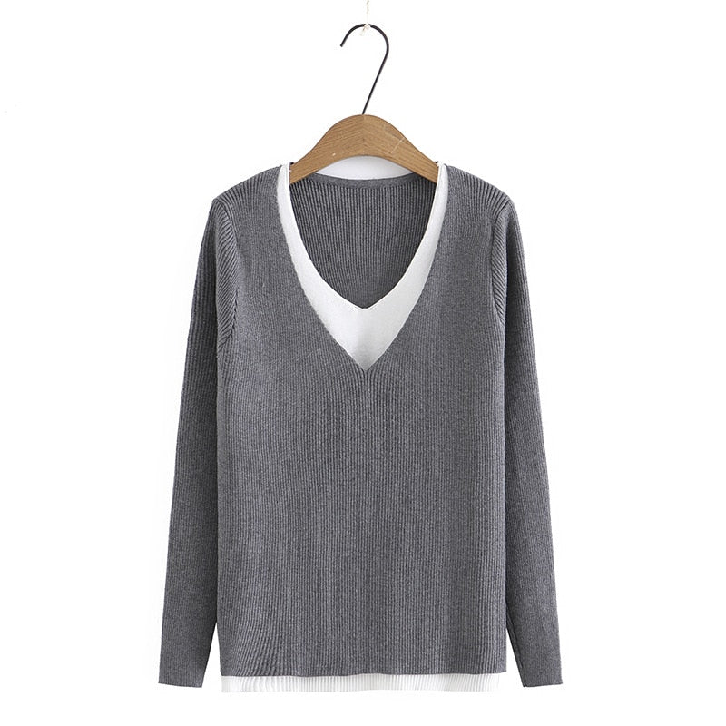 Sweater Ladies Fashion Contrast Splice V-Neck Jumper Women Autumn Winter Basic Style Slim Knitted Pullovers