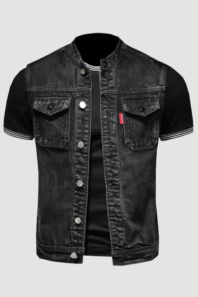 Retro Jean Jacket Men Denim Vest Coats Slim Black Stand Collar Sleeveless Motorcycle Style Waistcoat Coat Cowboy