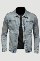 Spring Jeans Jacket Men Denim Coat Lapel Long Sleeve Bomber Motorcycle Retro Embroidery Slim Streetwear Outwear Clothing