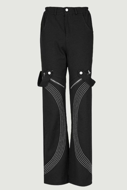 Taille haute noir broderie poches décontracté pantalons longs coupe ample pantalon femmes marée printemps automne