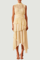 Sleeveless Temperment Dresses For Women Stand Collar High Waist A Line Folds Midi Dress Female Summer