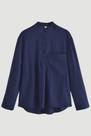 Simple Stand Collar Cotton Linen Shirt Pockets Casual Blouse Women