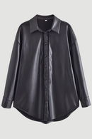 England Lace Splicing Black Leather Shirt Casual Blouse Women