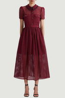 Summer Dress For Women Lapel Short Sleeve Patchwork Belt Solid Hollow Out Midi Dresses Female Casual Style