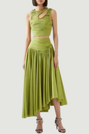 Slim Two Piece Sets For Women Round Neck Sleeveless Hollow Out Pleat Crop Tops Irregular Hem Pleated Skirt Solid Set Female