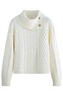 Knitting Pullovers Sweater Buckle Elegant Simple Style Lapel Long Sleeve Women Spring