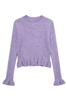 Women Diamonds Round Neck Knitted Pullover Solid Color Long Sleeve Ruffle Sweater Casual Style Winter