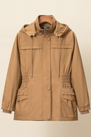 Trench Coat Women Stand Collar Hooded Windbreaker Loose Elastic Waist Zipper Jacket Curve Clothes