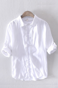 Shirt for Men Long Sleeve Casual White Button Shirt Tops Male Pure Linen Vintage Solid Turn-down Collar Clothing