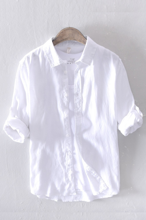 Shirt for Men Long Sleeve Casual White Button Shirt Tops Male Pure Linen Vintage Solid Turn-down Collar Clothing