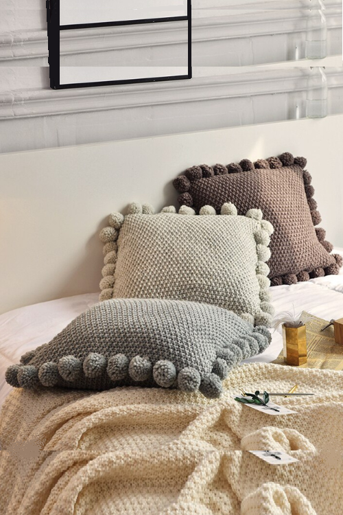 Knitted Cushion Cover Solid Gray Coffee Solid Nordic Style Pillow Case With Balls 45*45cm Soft For Sofa Bed Room Home Decorative