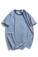 Men Short Sleeve Navy Striped Cotton T-shirt Summer O-neck Casual Loose Pullovers Tops Tees