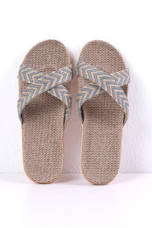 Summer Women Flax Slippers Breathable Linen Cross Belt Slides For Girls Casual Flat Sandals Indoor Slip On