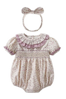 Newborn Babies Spring Fall Jumpsuits Kids Floral Smocking Rompers with Head-wear Baby Girls Smocked Casual Soft