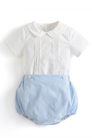 Summer Baby Boy Spanish Clothes Set Children White Cotton Shirt Peter Pan Collar Blue Linen Shorts Bloomers Outfits