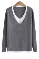 Sweater Ladies Fashion Contrast Splice V-Neck Jumper Women Autumn Winter Basic Style Slim Knitted Pullovers