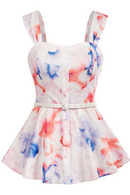 Summer Shirts Women Tie-dyed Peplum Tops Clothes Sleeveless Square Neck Belt Buttons Decorated Holiday Blouse Beach New