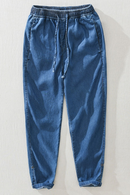 Linen Pants Summer Men Elastic Waist Casual Loose Denim Trousers Solid Simple Versatile Straight Jeans