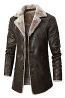 Mid-length Business Men‘s Leather Jacket Fleece Large Lapel Suit Plush Male Jacket Winter Warm Coats for Men