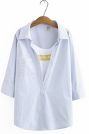 Women Clothing Blouses Spring Summer Casual Blue Stripe False Two Pieces Tops