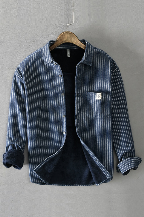 Hommes hiver polaire doublé chaud épais classique rayé chemises mâle à manches longues revers brossé décontracté rétro hauts vêtements