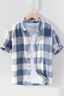 Big Plaid Short Sleeve Shirt for Men Cotton Linen Casual Turn-down Collar Tops Summer New Male Button Up Hemp Shirt