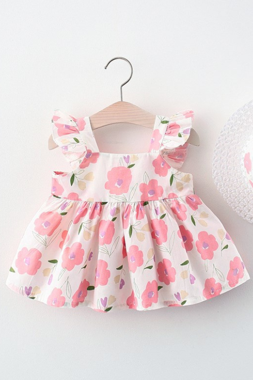 Robe à fleurs pour enfants, Style d'été, manches volantes, à volants, robe de princesse, chapeau