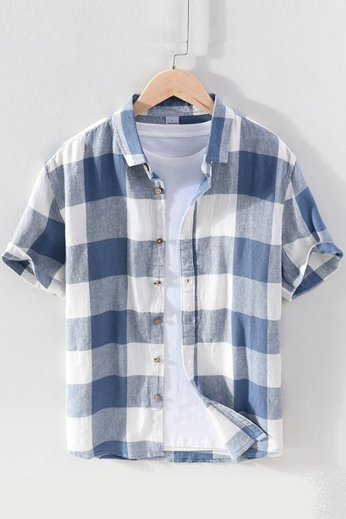 Chemise à carreaux à manches courtes pour hommes, en coton et lin, décontracté, col rabattu, hauts d'été, nouvelle chemise en chanvre à boutons