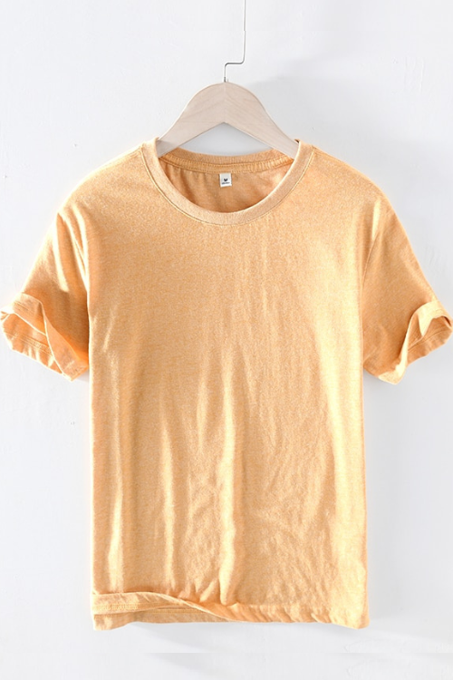 T-shirt d'été à manches courtes pour hommes, col rond, en coton respirant, jaune doux, style décontracté, de haute qualité