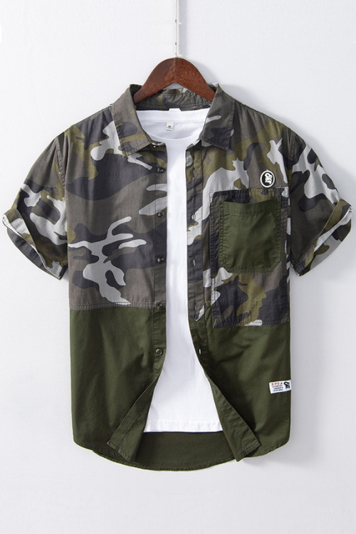 Chemise de Camouflage Patchwork pour hommes, hauts à manches courtes, vêtements de rue décontractés d'été