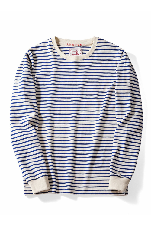 Heavyweight Winter Fall Premium Casual Loose Striped Sweatshirt Navy Sea Soul Style Retro Pullover Comfortable Tops