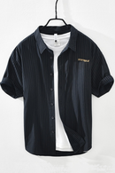 Striped Short Sleeve Shirt for Men Summer New Cotton Linen Casual Tops Male Letter Embroidery Clothes