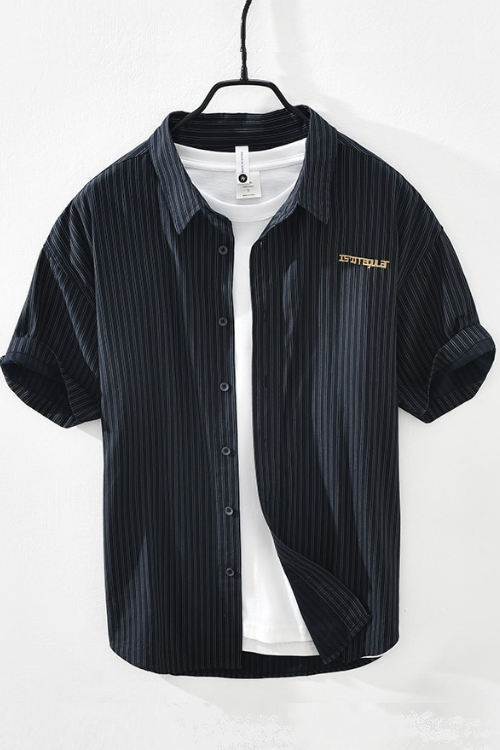 Chemise rayée à manches courtes pour hommes été nouveau coton lin décontracté hauts mâle lettre broderie vêtements