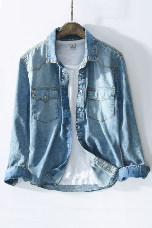 Denim Shirt Men Long Sleeve Double Pocket Blue Tops Male Casual 100%Cotton Turn-down Collar Clothing