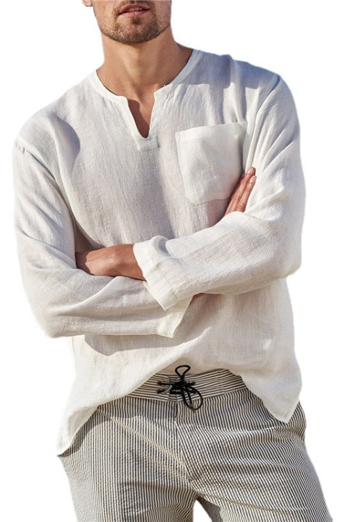 Summer New Men Cotton Linen T-shirt Long Sleeve Mens T Shirts Casual White Loose Top Male Retro T Shirt