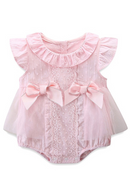 Newborn Summer Baby Bodysuit Embroidery Lace Infant Baby Girl Bodysuit Dress with 2 Bows White Pink