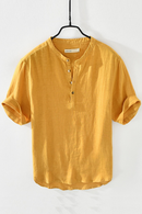 Pure Linen Short Sleeve Shirt for Men Summer New Pullover Tops Male Thin Slim Fit Button Up Retro Clothes