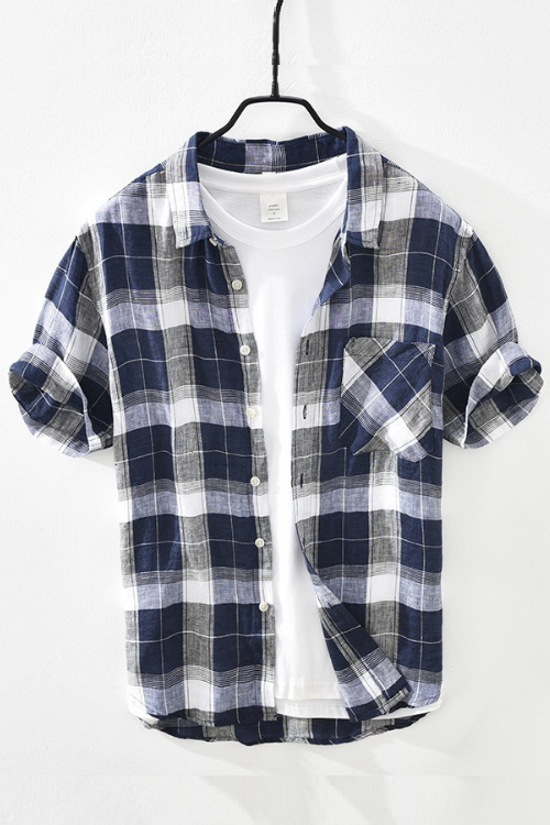 Pure Linen Short Sleeve Shirt for Men Summer New Tops Male Breathable Vintage Plaid Button Up Hemp Shirt