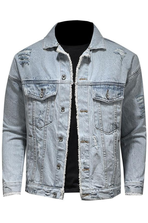 Veste en jean à trous amples pour hommes, revers à manches longues, veste en jean décontractée pour hommes, veste en jean bleu clair pour Locomotive