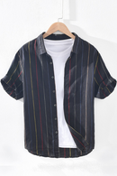 Pure Linen Short Sleeve Shirt for Men Summer New Tops Male Vintage Striped Slim Fit Hemp Shirt