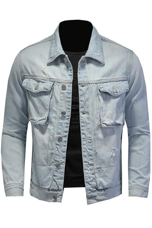 Nouveau printemps Bomber bleu clair déchiré Denim veste pour hommes en lambeaux Jean manteaux moto veste décontractée vêtements pardessus vêtements d'extérieur